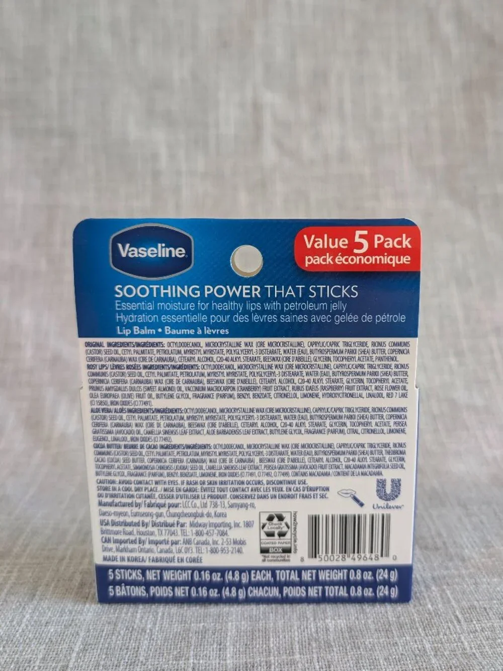 Vaseline Lip Therapy 5 Pack Lip Balm Rosy (2), Aloe Vera, Cocoa Butter, Original
